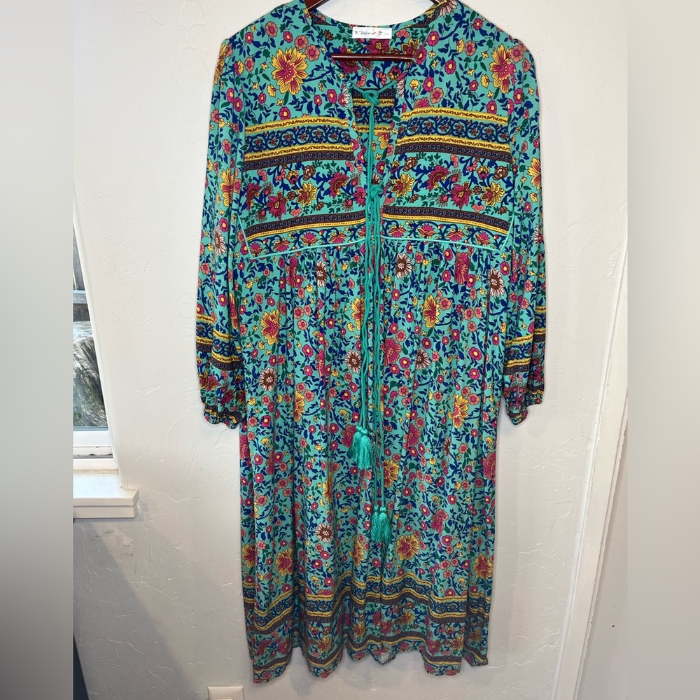 R VIVIMOS Bohemian Floral Midi Dress in Teal Size L - Picture 3 of 10